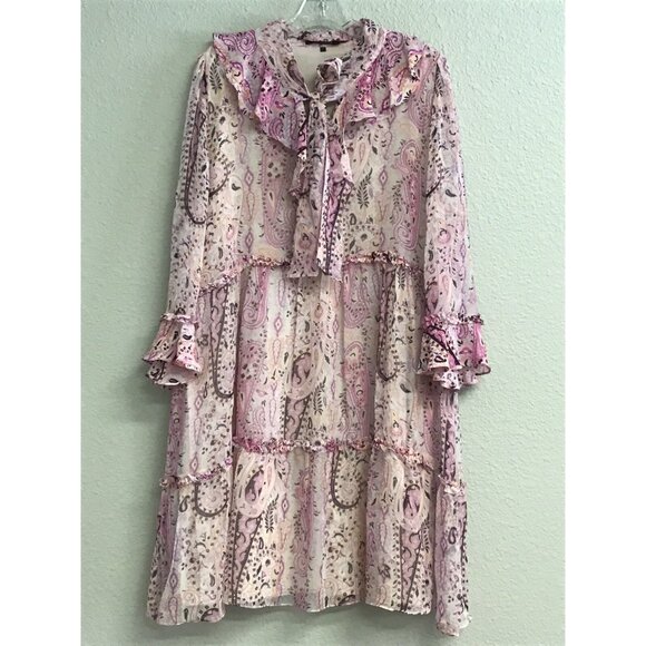 Kobi Halperin Andrea Pink 100% Silk Ruffle Tiered Minidress Size XL Boho Paisley - Picture 12 of 13
